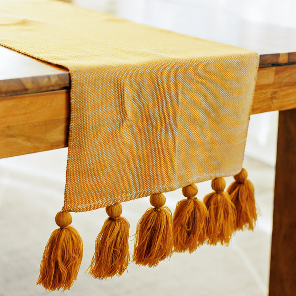 Handwoven Table Runner with Tassels - Mustard