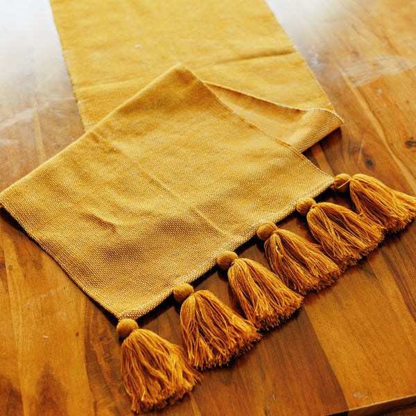 Handwoven Table Runner with Tassels - Mustard