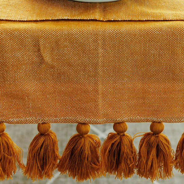 Handwoven Table Runner with Tassels - Mustard