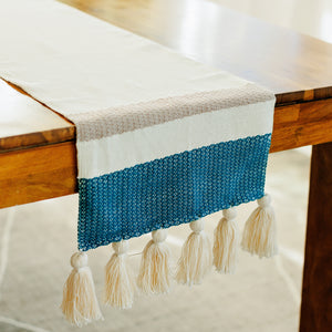 Handwoven Table Runner with Tassels - Teal and Grey