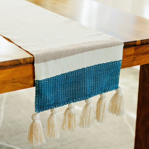 Handwoven Table Runner with Tassels - Teal and Grey