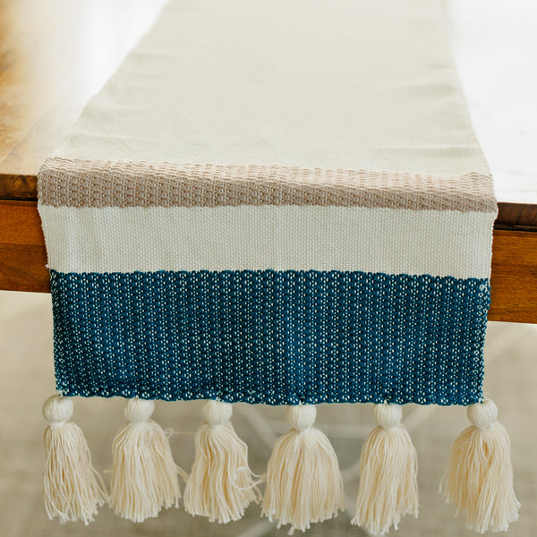 Handwoven Table Runner with Tassels - Teal and Grey