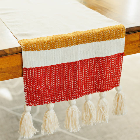 Handwoven Table Runner with Tassels - Mustard and Copper