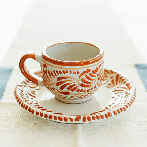 Talavera Coffee Cup and Saucer Set - Terracotta and White