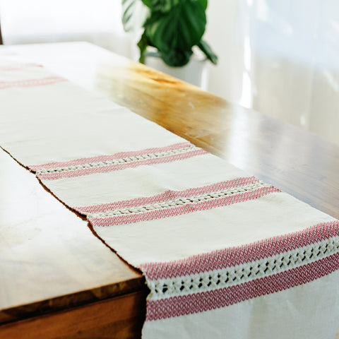 Handwoven Table Runner - Natural Cotton and Pink