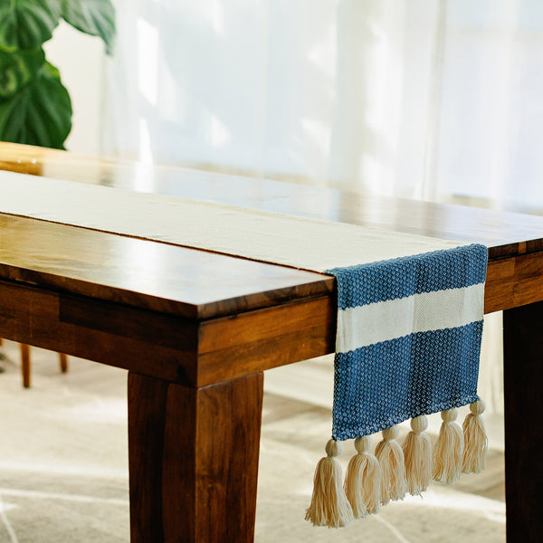 Handwoven Table Runner with Tassels - Blue and Cream