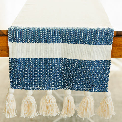 Handwoven Table Runner with Tassels - Blue and Cream