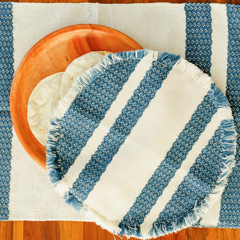 Handwoven Tortilla Warmer - Blue and Natural Cotton