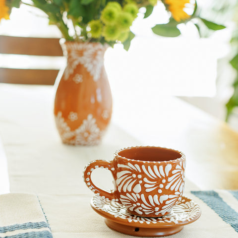 Talavera Coffee Cup and Saucer Set - Brown and White
