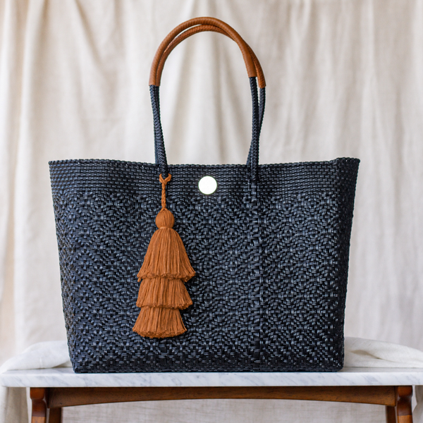 Handwoven Oaxaca Tote Bag - Black with Leather Handles
