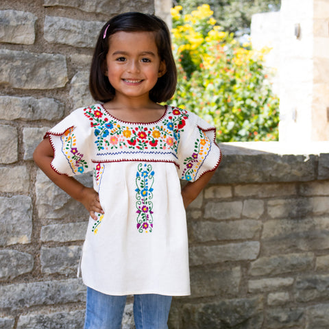 Tulipan Girls Blouse - Organic Cotton with Multicolor Floral Embroidery