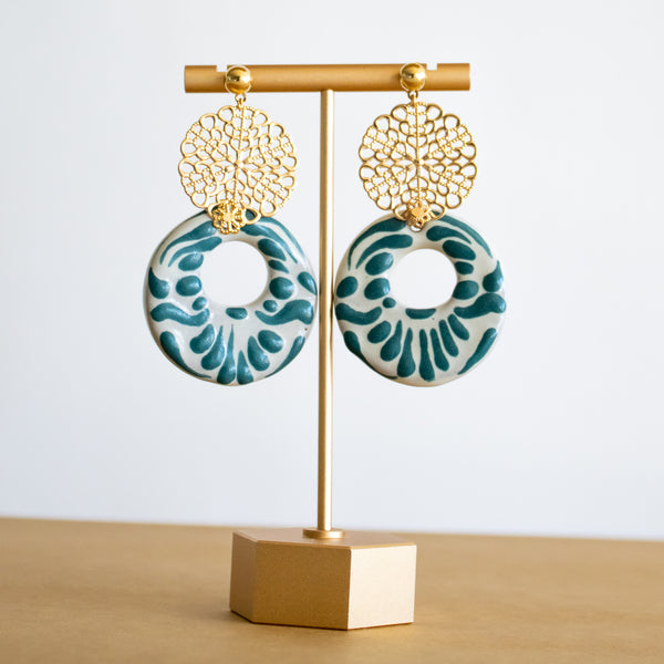 Yolanda Earrings Green and White - 14K Gold Plated Talavera