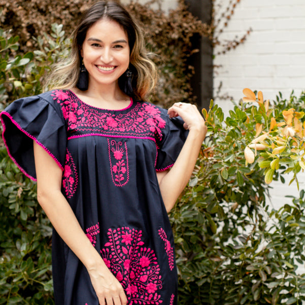 Magnolia Dress - Navy & Fuchsia Midi Dress with Flutter Sleeves