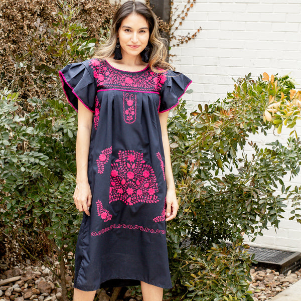 Magnolia Dress - Navy & Fuchsia Midi Dress with Flutter Sleeves