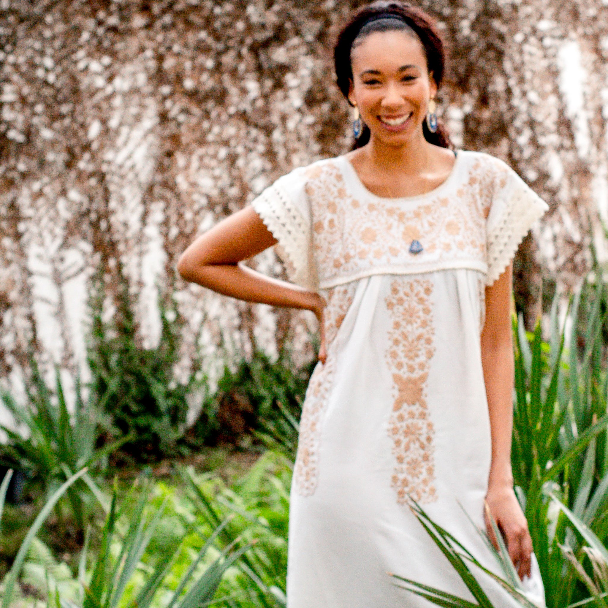 Violeta Dress - Hand Embroidered by Mexican Artisans / Beige Embroidery on Manta