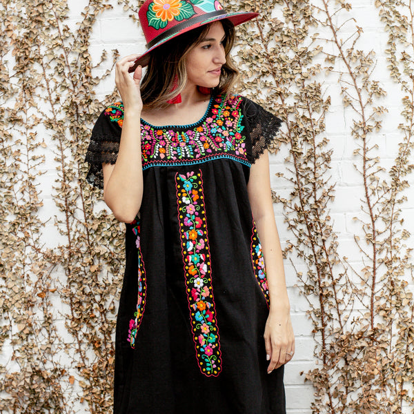 Violeta Dress - Hand Embroidered by Mexican Artisans / Black Cotton