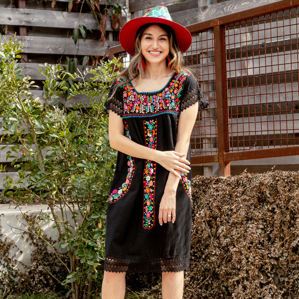 Violeta Dress - Hand Embroidered by Mexican Artisans / Black Cotton