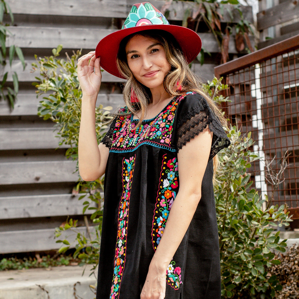 Violeta Dress - Hand Embroidered by Mexican Artisans / Black