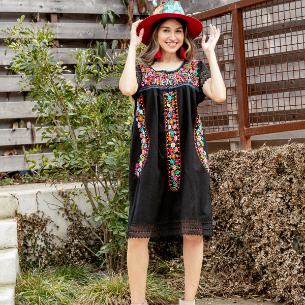 Violeta Dress - Hand Embroidered by Mexican Artisans / Black Cotton