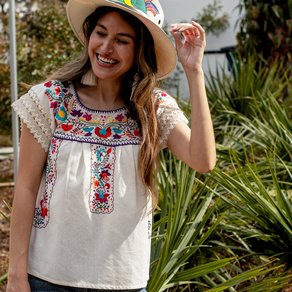 Alheli Blouse - Natural Cotton with Multicolor Hand Embroidery