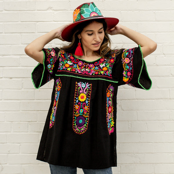 Tulipan Black Blouse - Hand Embroidered by Mexican Artisans