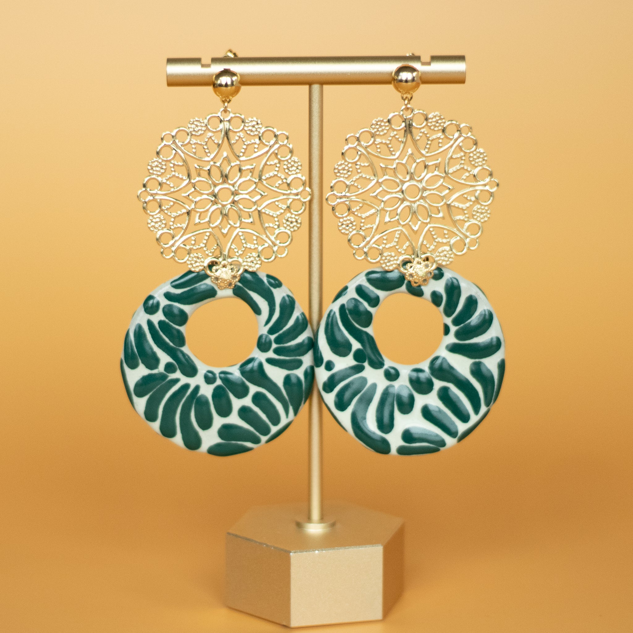 Yolanda Earrings - Green and White Talavera