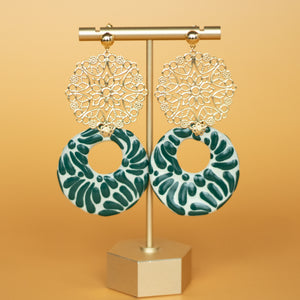Yolanda Earrings - Green and White Talavera