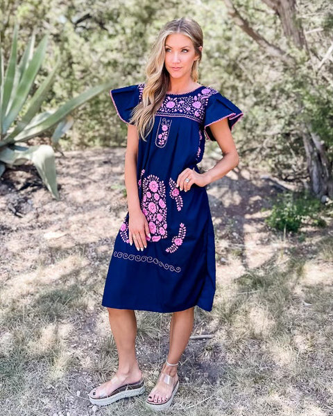 Magnolia Dress - Navy & Pink Midi Dress with Ruffled Sleeves