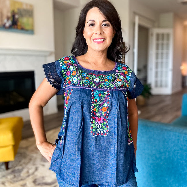 Margarita Denim Blouse with Lace Sleeves