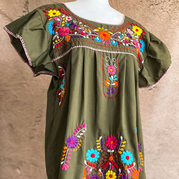 Magnolia Dress - Olive Midi Dress with Ruffled Sleeves - Origin Mexico 