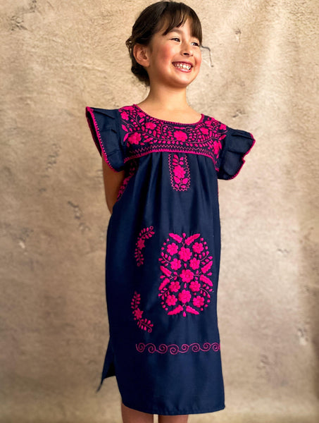 Magnolia Dress/ Navy Cotton with Fuchsia Floral Embroidery - Origin Mexico 