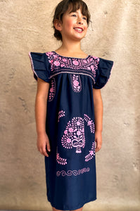 Magnolia Dress/ Navy Cotton with Pink Floral Embroidery - Origin Mexico 