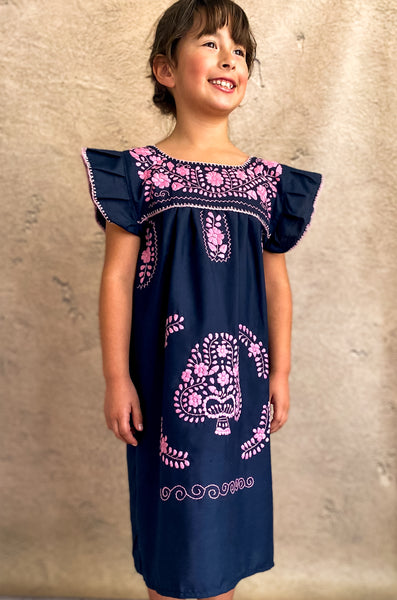 Magnolia Dress/ Navy Cotton with Pink Floral Embroidery - Origin Mexico 