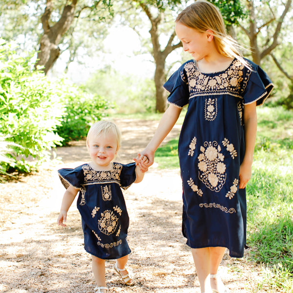 Magnolia Dress/ Navy Cotton with Beige Floral Embroidery