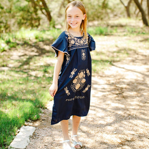 Magnolia Dress/ Navy Cotton with Beige Floral Embroidery