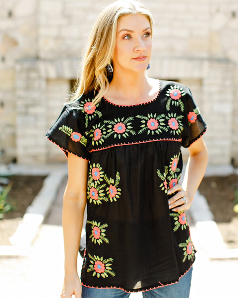 Maribel - Black Tunic Top with Green, Pink and Blue Hand Embroidery