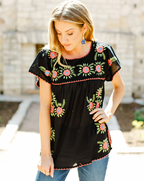 Maribel - Black Tunic Top with Green, Pink and Blue Hand Embroidery