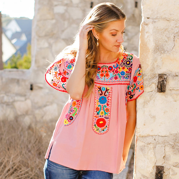Tulipan Rose Blouse - Hand Embroidered by Mexican Artisans