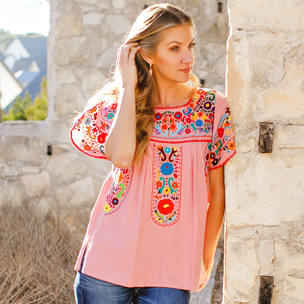 Tulipan Rose Blouse - Hand Embroidered by Mexican Artisans
