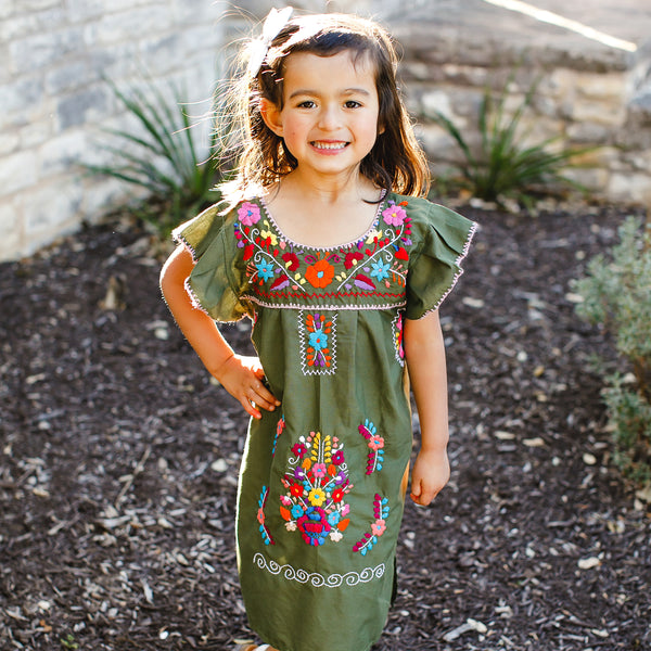 Magnolia Dress/ Olive Cotton with Multicolor Floral Embroidery