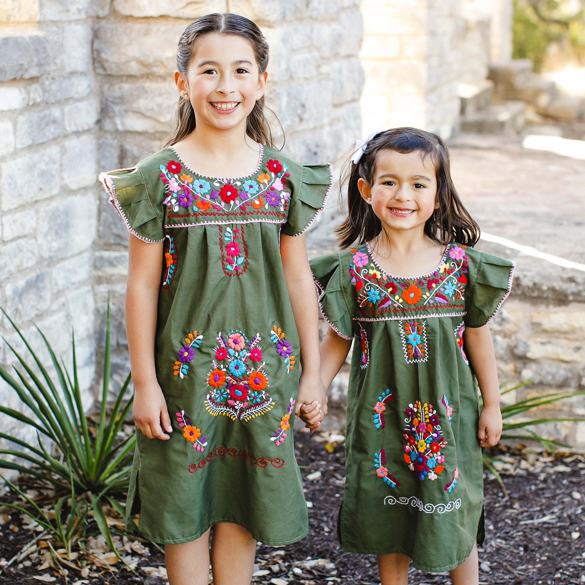 Magnolia Dress/ Olive Cotton with Multicolor Floral Embroidery
