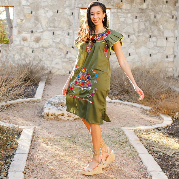 Magnolia Dress - Olive Knee Length Dress with Flutter Sleeves