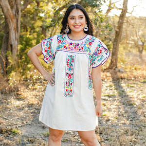 Tulipan Dress- Natural Cotton with Multicolor Hand Embroidery