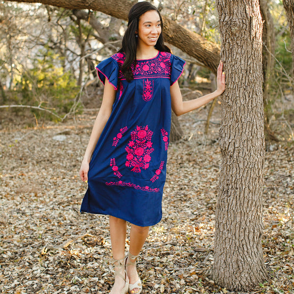Magnolia Dress - Navy & Fuchsia Midi Dress with Flutter Sleeves