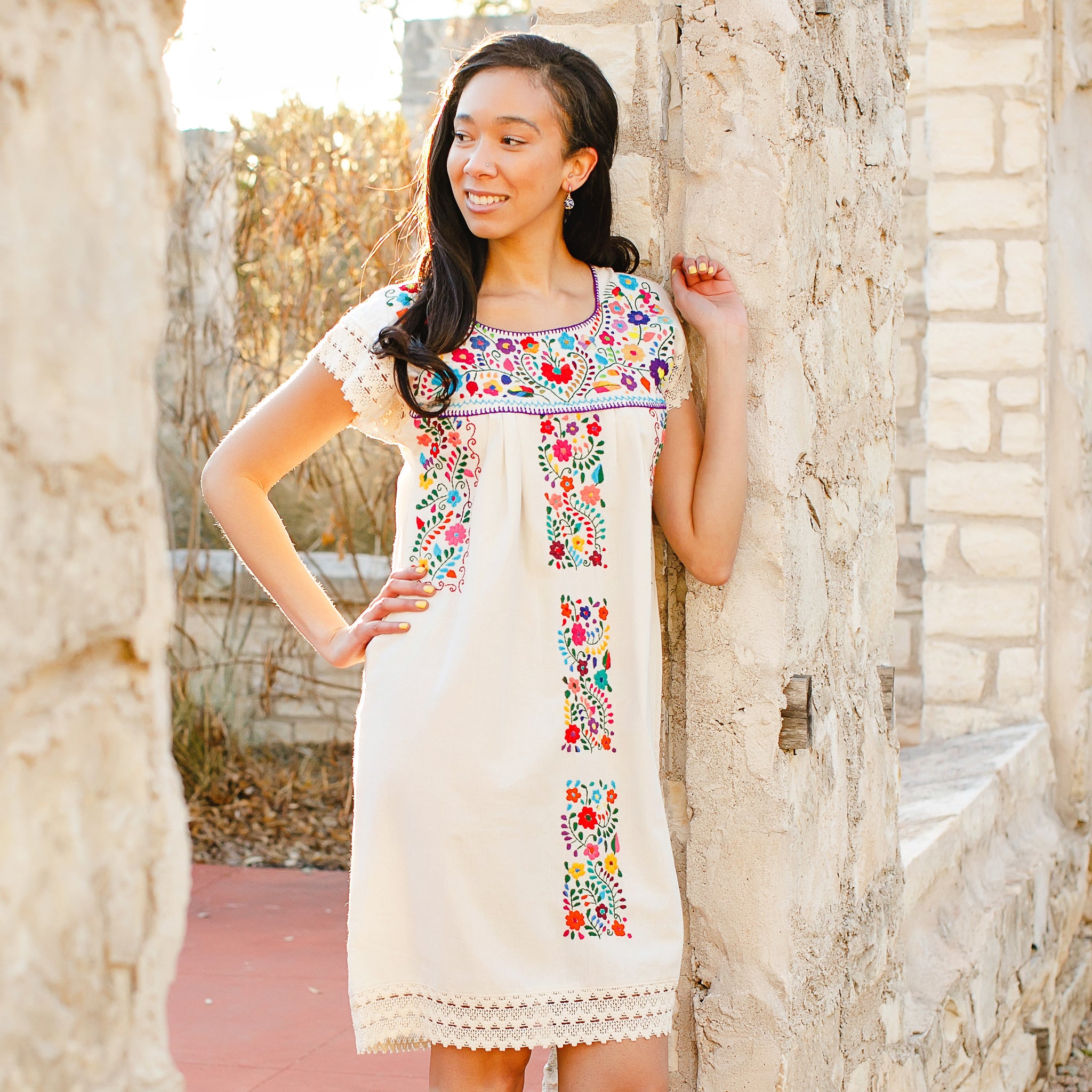 Violeta Dress - Natural Cotton with Multicolor Hand Embroidery