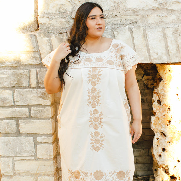 Violeta Dress - Hand Embroidered by Mexican Artisans / Beige Embroidery on Manta