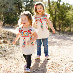 Alheli Girl's Blouse - Organic Cotton and Multicolor Floral Embroidery